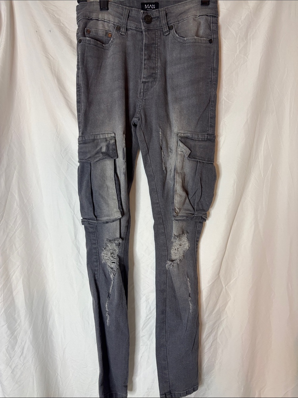 Boohoo Mens Distressed Skinny Cargo Jeans in Gray